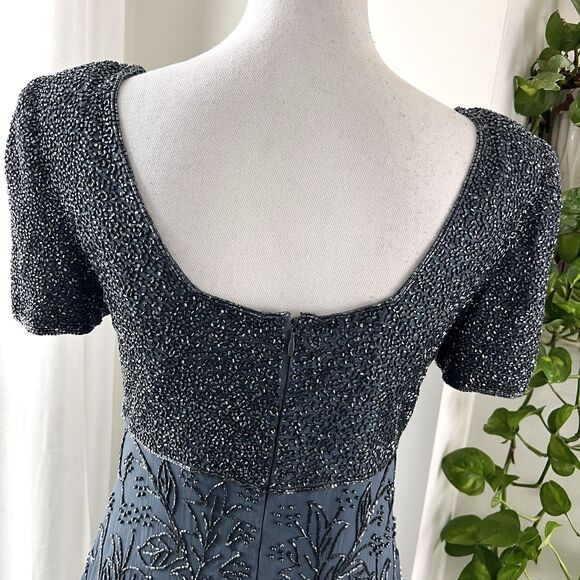 Sean Collection 100% Silk Steel Blue-Gray Beaded Embellished Evening Gown - Med - Picture 7 of 11